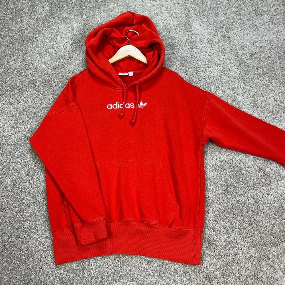 Adidas Hoodie Mens XS Red Long Sleeve‎ Drawstring Pullover 3-Stripes Fleece EUC